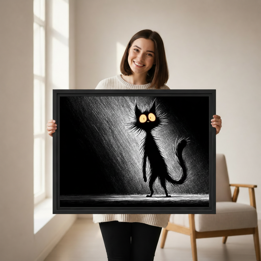  Woman holding large spooky black cat framed canvas print, gothic sketch wall art size reference lifestyle photo