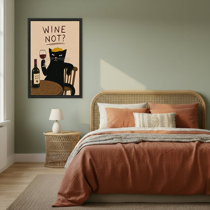 Wine not black cat gold beret wine glass bottle sandy background retro poster black framed canvas wall art on sage green wall beside wide rattan arched headboard bed with terracotta linen and wicker round nightstand