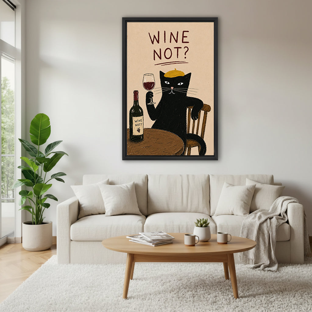 Wine not black cat gold beret wine glass wine bottle sandy background retro poster black framed canvas wall art on white wall above wide cream linen sofa with oval wood coffee table succulent and gray throw