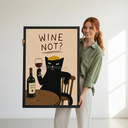 Smiling redhead woman in sage green shirt holding large wine not black cat gold beret wine glass bottle sandy background retro poster black framed canvas wall art size reference in bright white room with natural side light