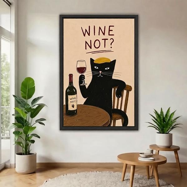 Wine not black cat gold beret wine glass bottle sandy background retro poster black framed canvas wall art on white wall beside large monstera plant and tiered round wood side table