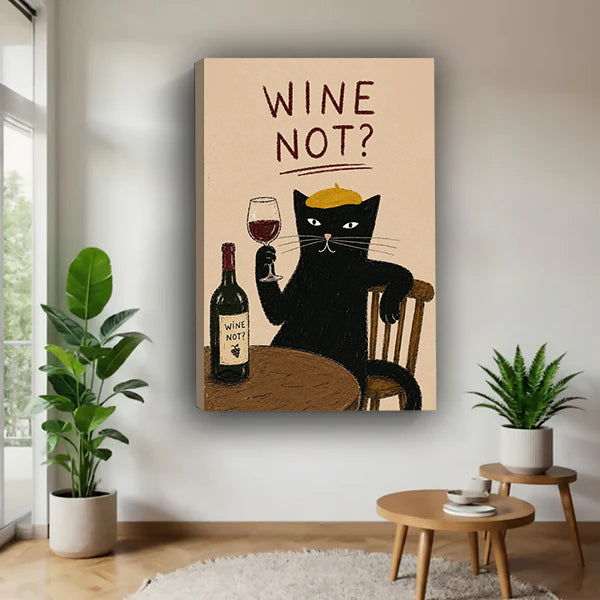 Wine not black cat gold beret wine glass bottle sandy background retro poster gallery wrap canvas wall art on white wall beside large monstera plant and tiered round wood side table natural wrap edges