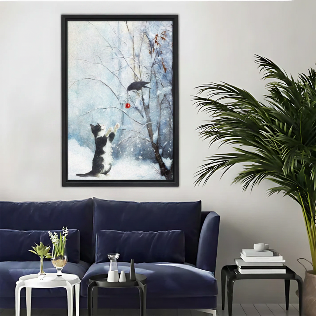 Winter Cat Crow - Framed Canvas