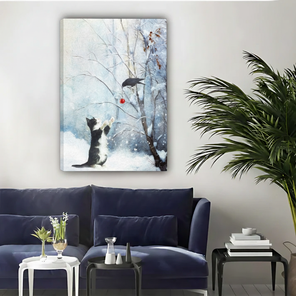 Winter Cat Crow - Frameless Canvas