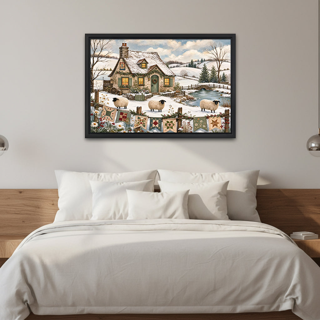 Winter cottage sheep canvas wall art in a black frame above a white bed with a wooden headboard.