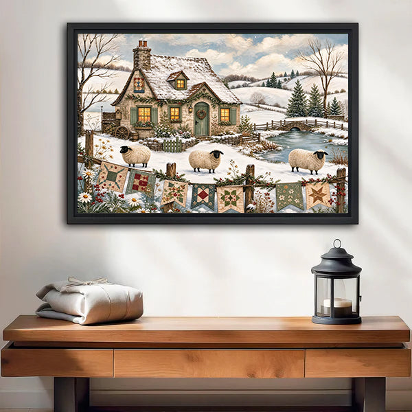 Framed winter cottage sheep canvas wall art above a wooden bench with a black candle lantern