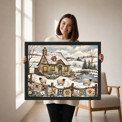 Woman holding framed winter cottage sheep canvas wall art featuring three sheep, snowy hills, and patchwork quilts