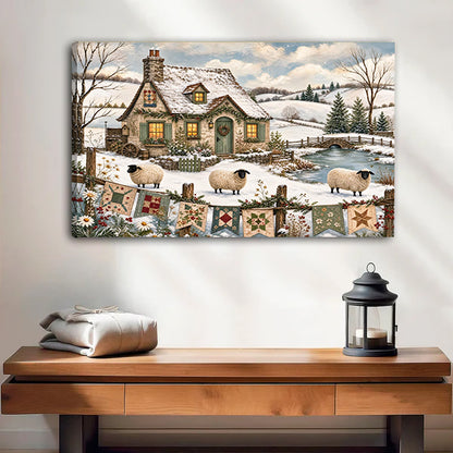 Gallery-wrap winter cottage sheep canvas wall art with visible left canvas edge above a wooden bench