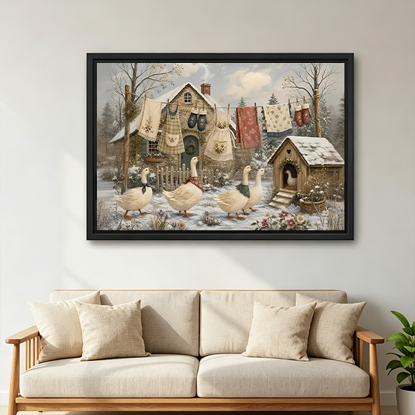Black-framed winter geese canvas wall art with rustic cottage details above a wooden console beside a black lantern.