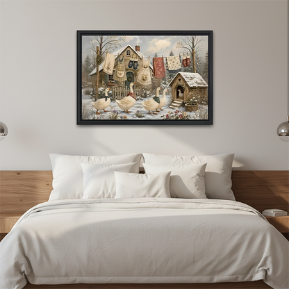 Rustic winter geese canvas wall art in a black frame displayed above a cream sofa with wooden arms.