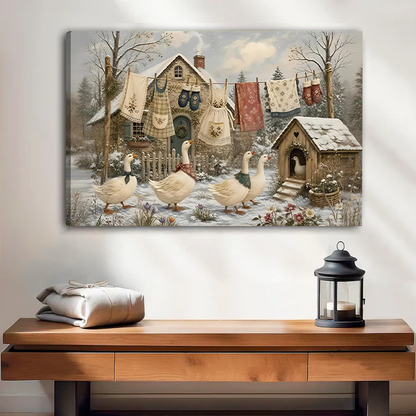 Gallery-wrap winter geese canvas wall art displayed above a wooden console with folded fabric and a black lantern.