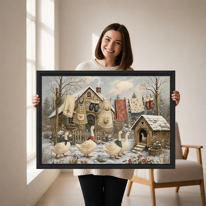 Framed winter geese canvas wall art showing a snowy country yard above a bed with white bedding.