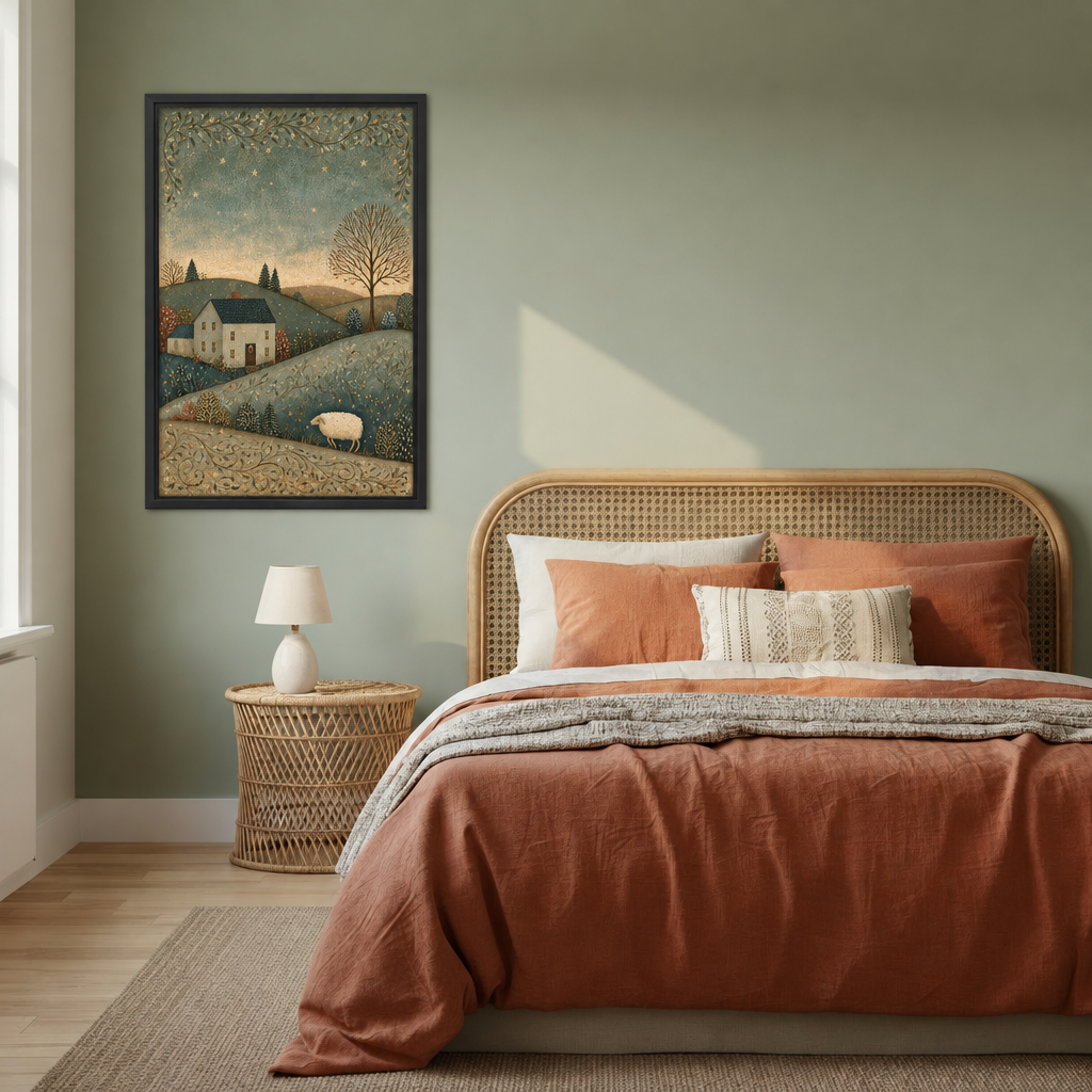 Winter sheep canvas wall art decorates a bedroom wall above the bed in a black frame.