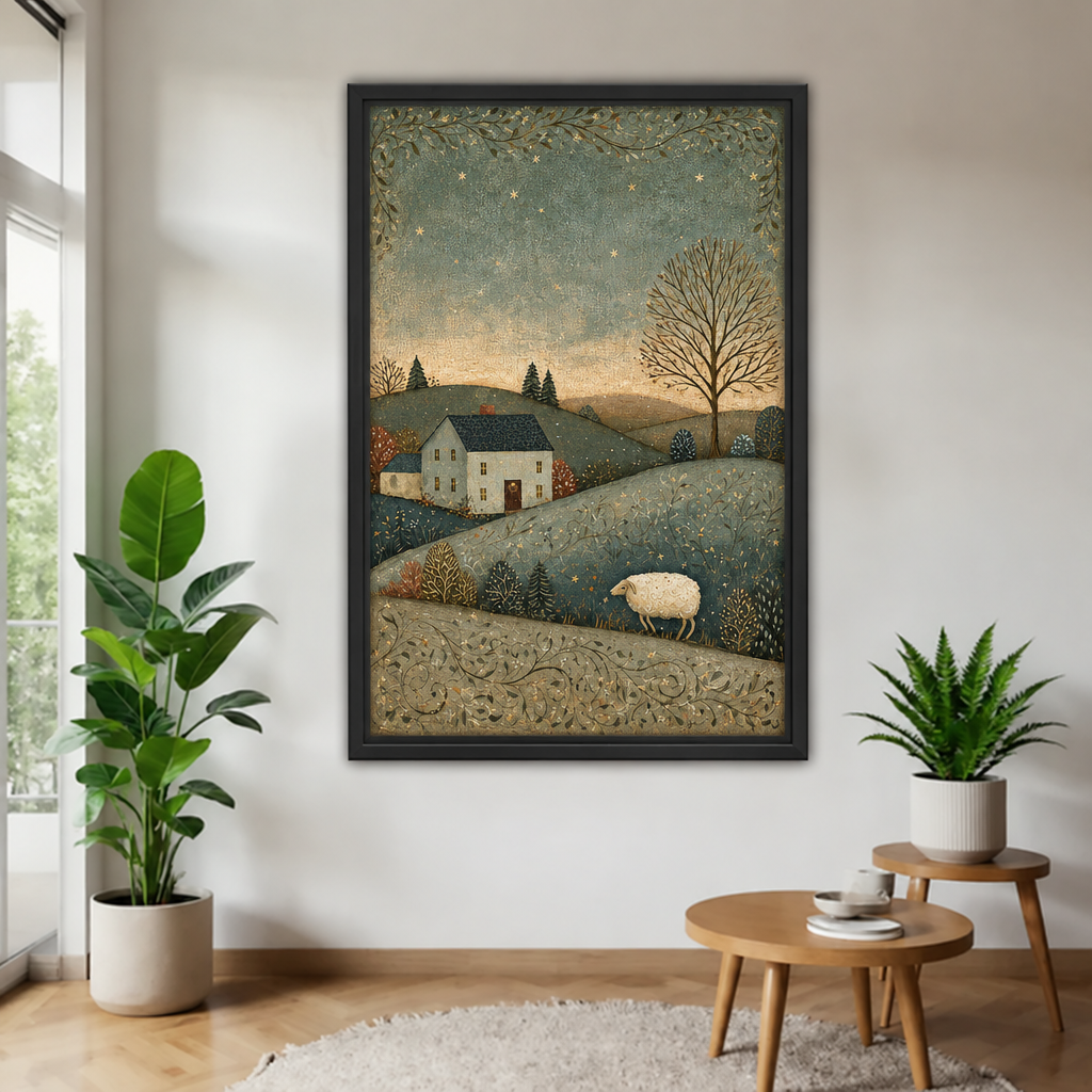 Winter sheep canvas wall art in a black frame, showing a cottage and sheep beneath a starry twilight sky.