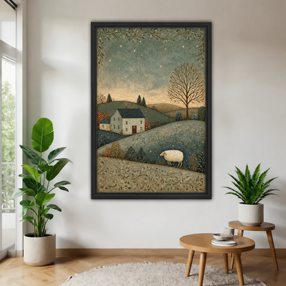 Winter sheep canvas wall art in a black frame, showing a cottage and sheep beneath a starry twilight sky.