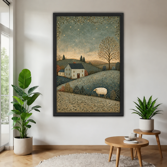 Winter sheep canvas wall art in a black frame, showing a cottage and sheep beneath a starry twilight sky.