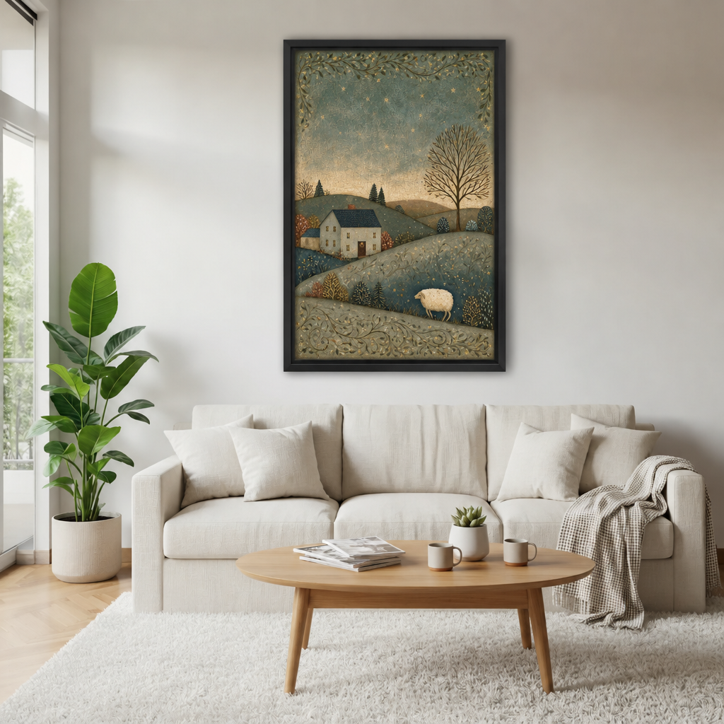 Framed winter sheep canvas wall art hangs above a sofa in a bright living room.