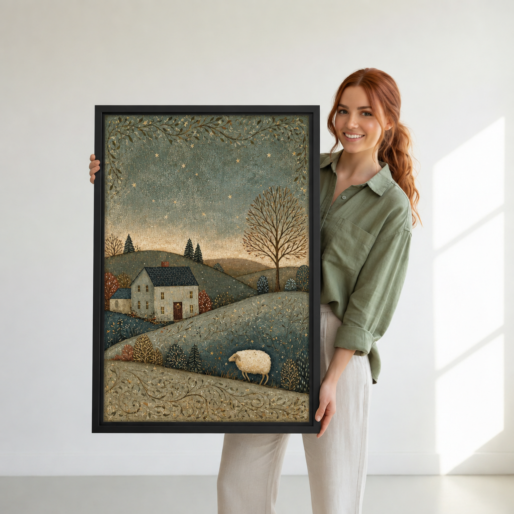 A woman holds framed winter sheep canvas wall art featuring a cottage, bare tree, and starry sky.