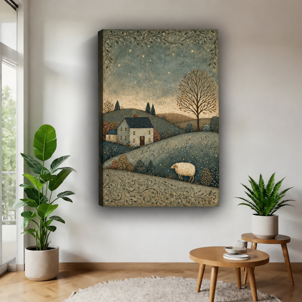 Gallery-wrap winter sheep canvas wall art displays rolling hills, a quiet cottage, and a lone sheep.