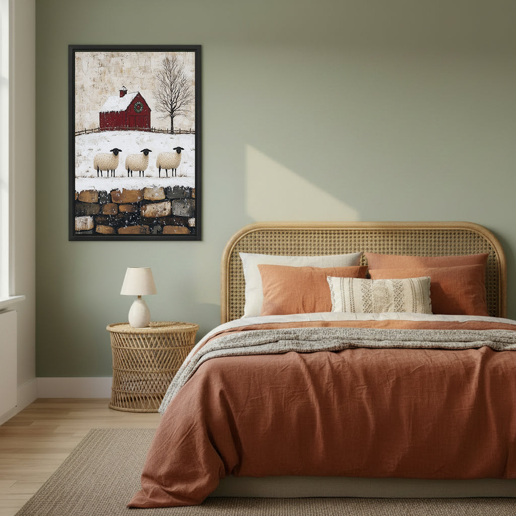 Framed winter sheep and red barn canvas wall art in a sage green bedroom