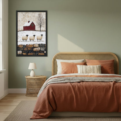 Framed winter sheep and red barn canvas wall art in a sage green bedroom