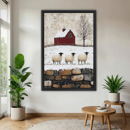 Black-framed winter sheep and red barn canvas wall art displayed between potted plants.