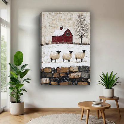 Gallery-wrap winter sheep and red barn canvas wall art in a bright corner beside plants