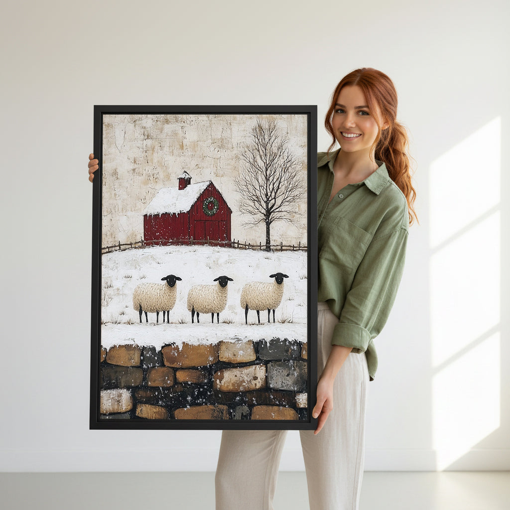 Model holding winter sheep and red barn canvas wall art for size reference