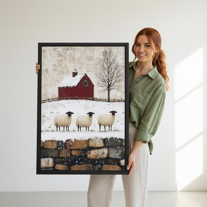 Model holding winter sheep and red barn canvas wall art for size reference