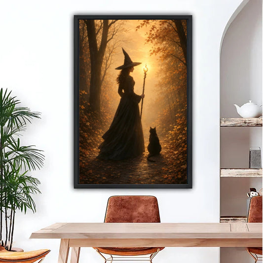 Moody witch and black cat autumn forest framed canvas wall art above dining table in modern room