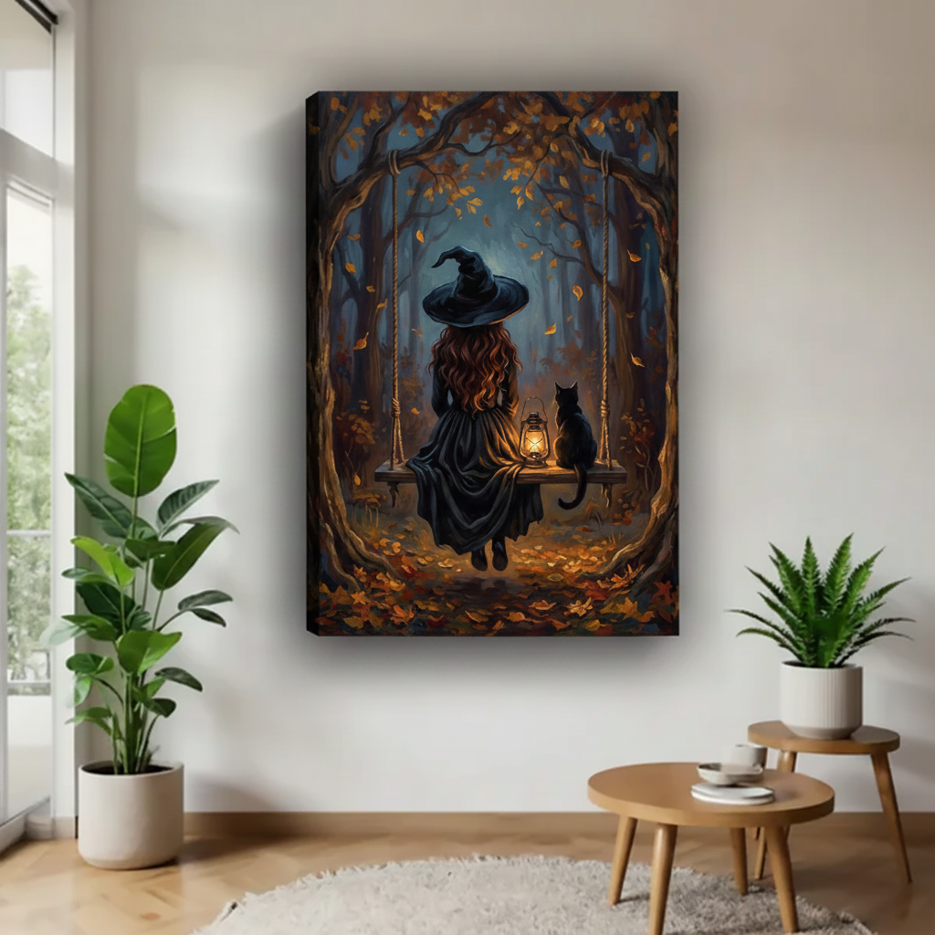 Enchanting witch black cat autumn forest swing fantasy gallery wrap canvas wall art in bright living room with tropical plants