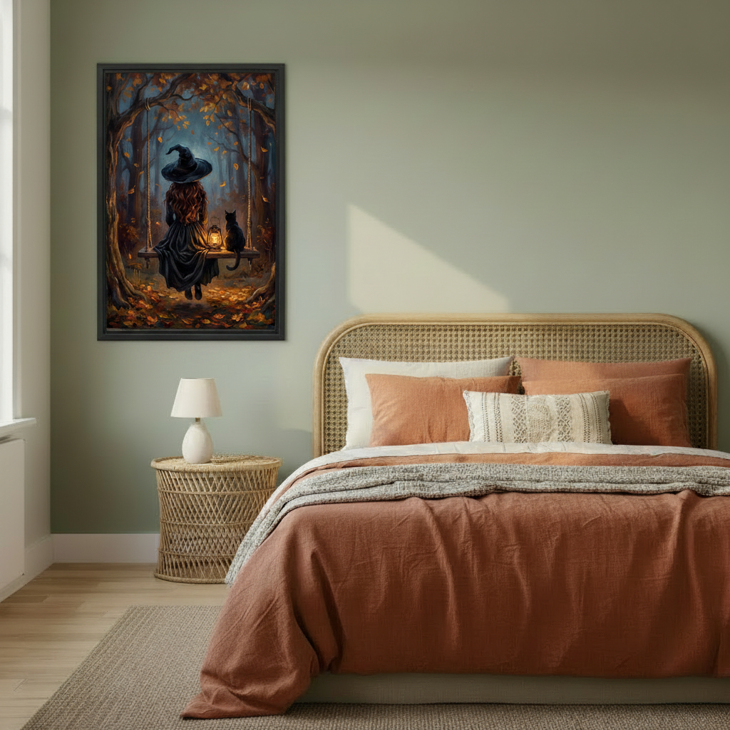 Witch and black cat autumn forest swing fantasy framed canvas wall art on sage green wall above rattan bed in boho bedroom