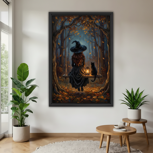 Mystical witch black cat autumn forest swing fantasy framed canvas wall art in neutral living room with greenery and wooden table