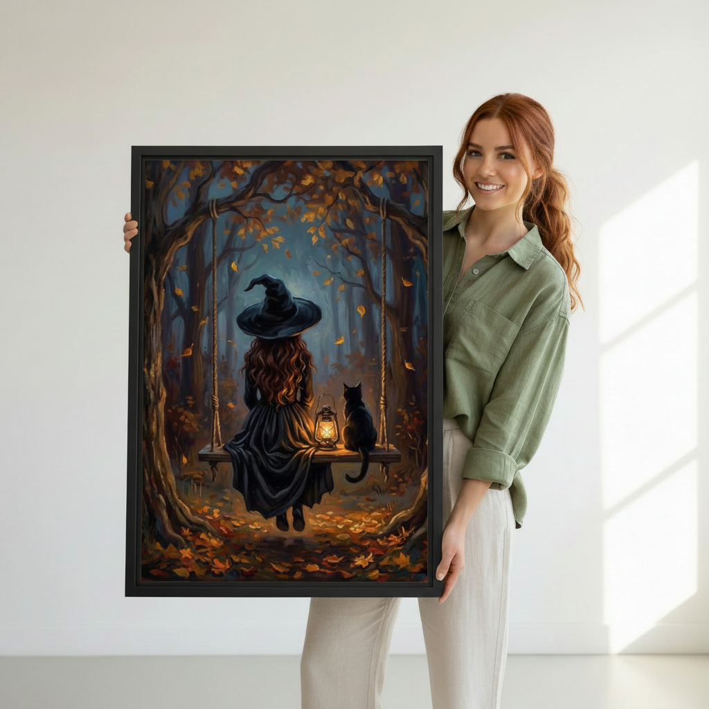 Woman holding large framed witch and black cat autumn forest swing fantasy canvas wall art print size reference