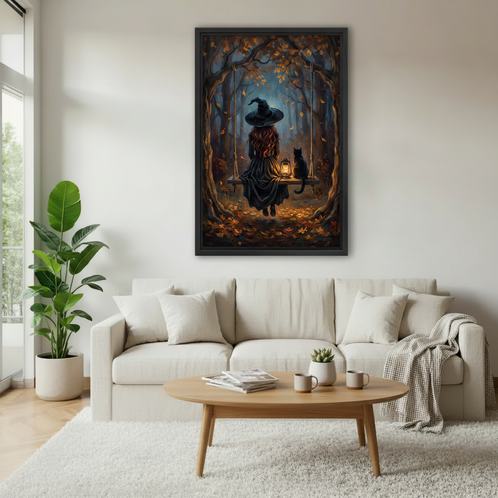 Witch black cat autumn forest swing fantasy framed canvas wall art above white sofa in modern Scandinavian living room