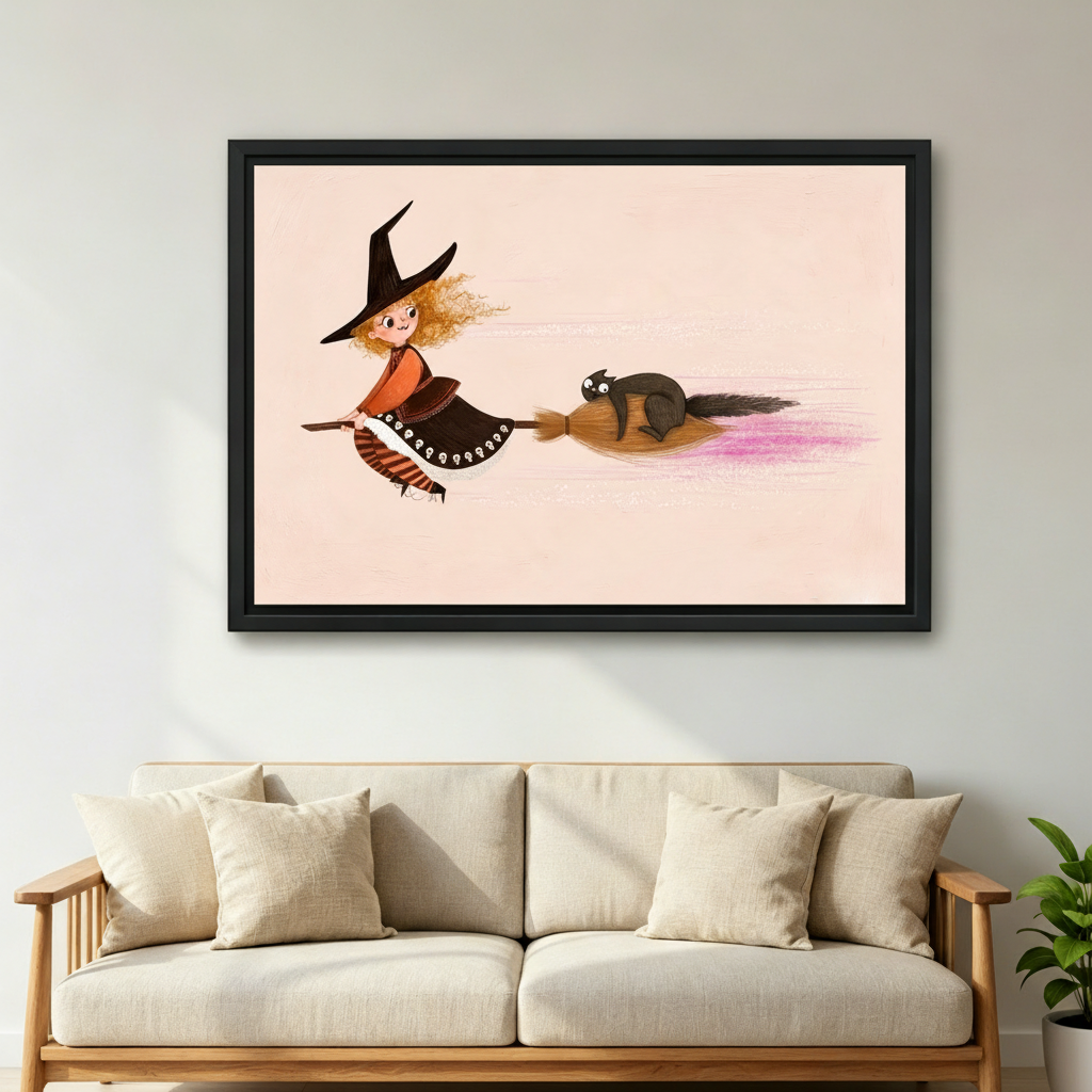 Whimsical witch black cat broomstick canvas wall art black frame above beige linen living room sofa