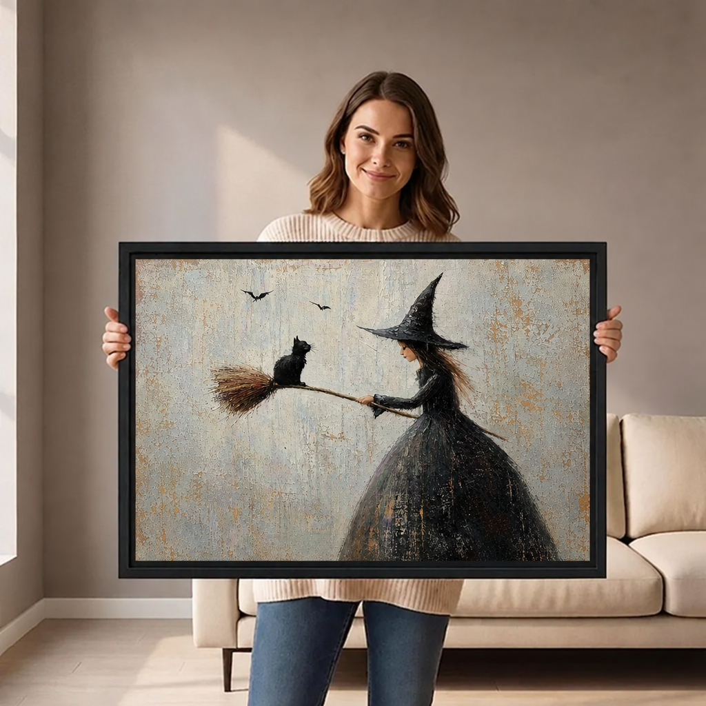 Woman holding horizontal framed canvas of gothic witch in black hat and black dress with black cat on broomstick and two bats in pale textured sky