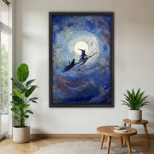  Witch and black cat flying on broomstick under full moon framed wall art, mystical blue starry night canvas for living room