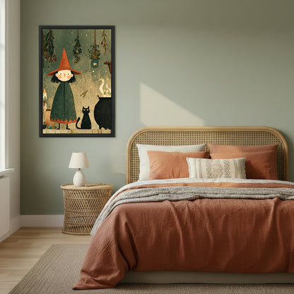 Framed witch and black cat canvas wall art in a sage green bedroom