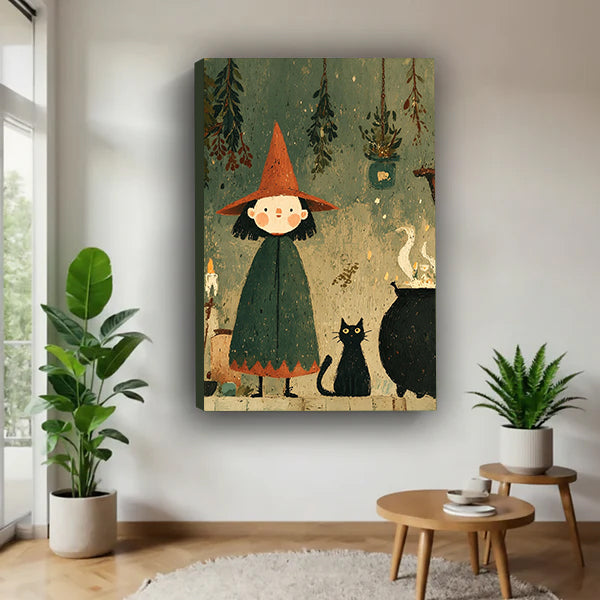Gallery-wrap witch and black cat canvas wall art in a bright corner beside plants