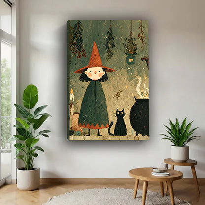 Gallery-wrap witch and black cat canvas wall art in a bright corner beside plants