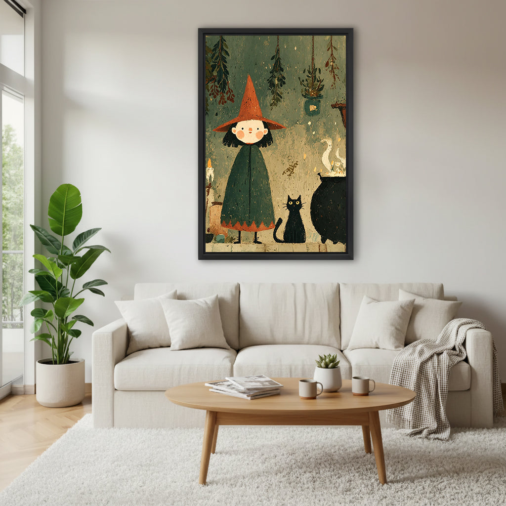 Vintage folk art witch and black cat canvas wall art above a cream sofa