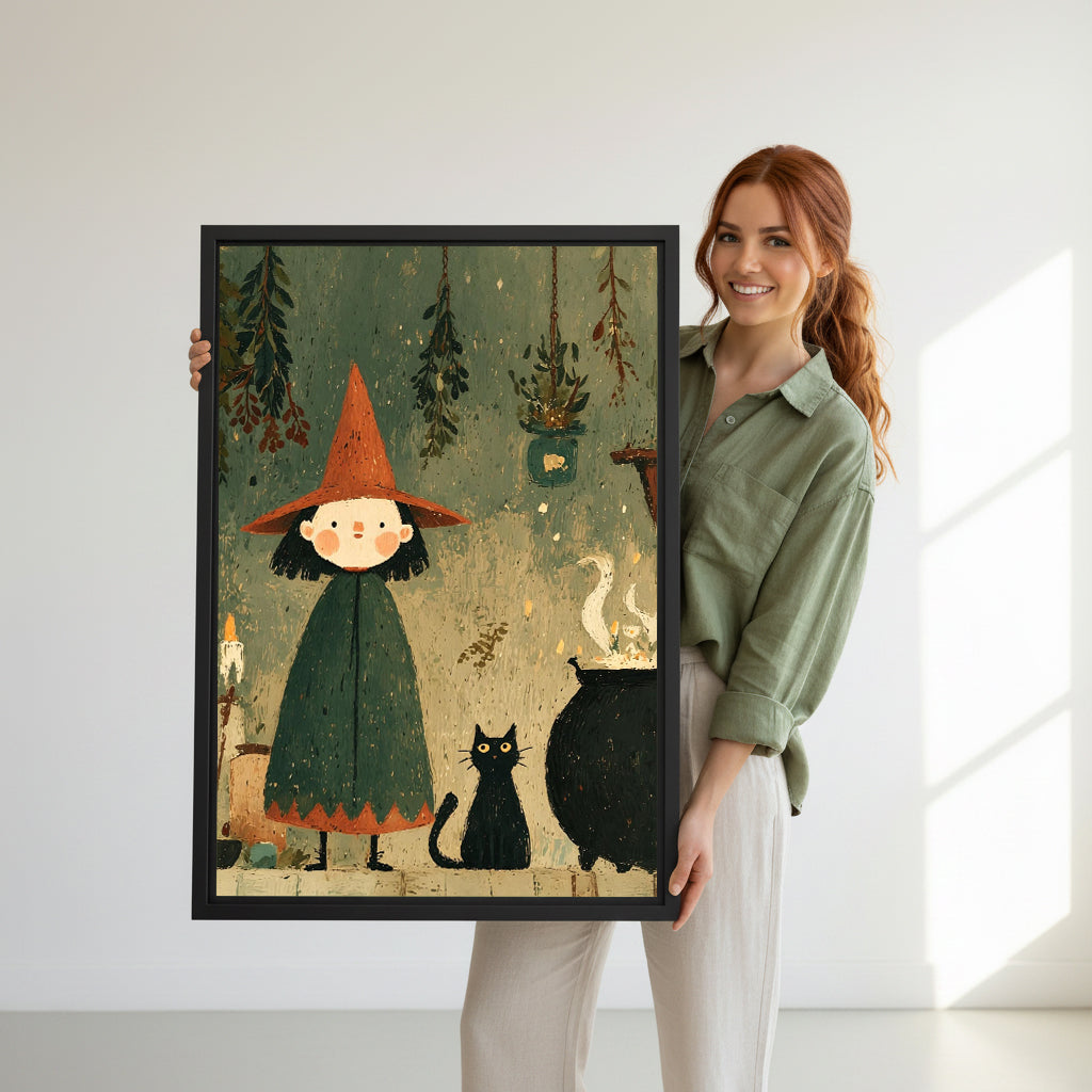 Model holding framed witch and black cat canvas wall art for size reference