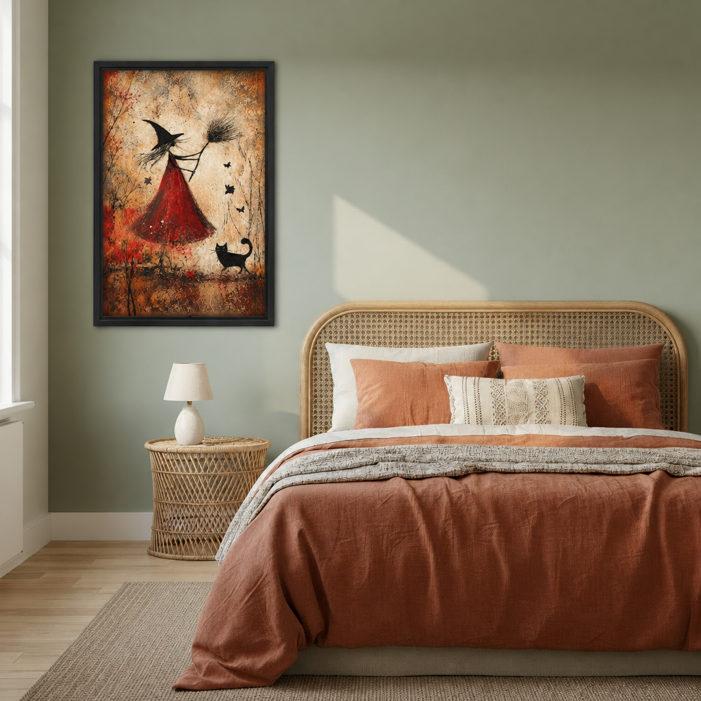 Framed witch canvas wall art displayed beside a bed with rust-colored bedding.