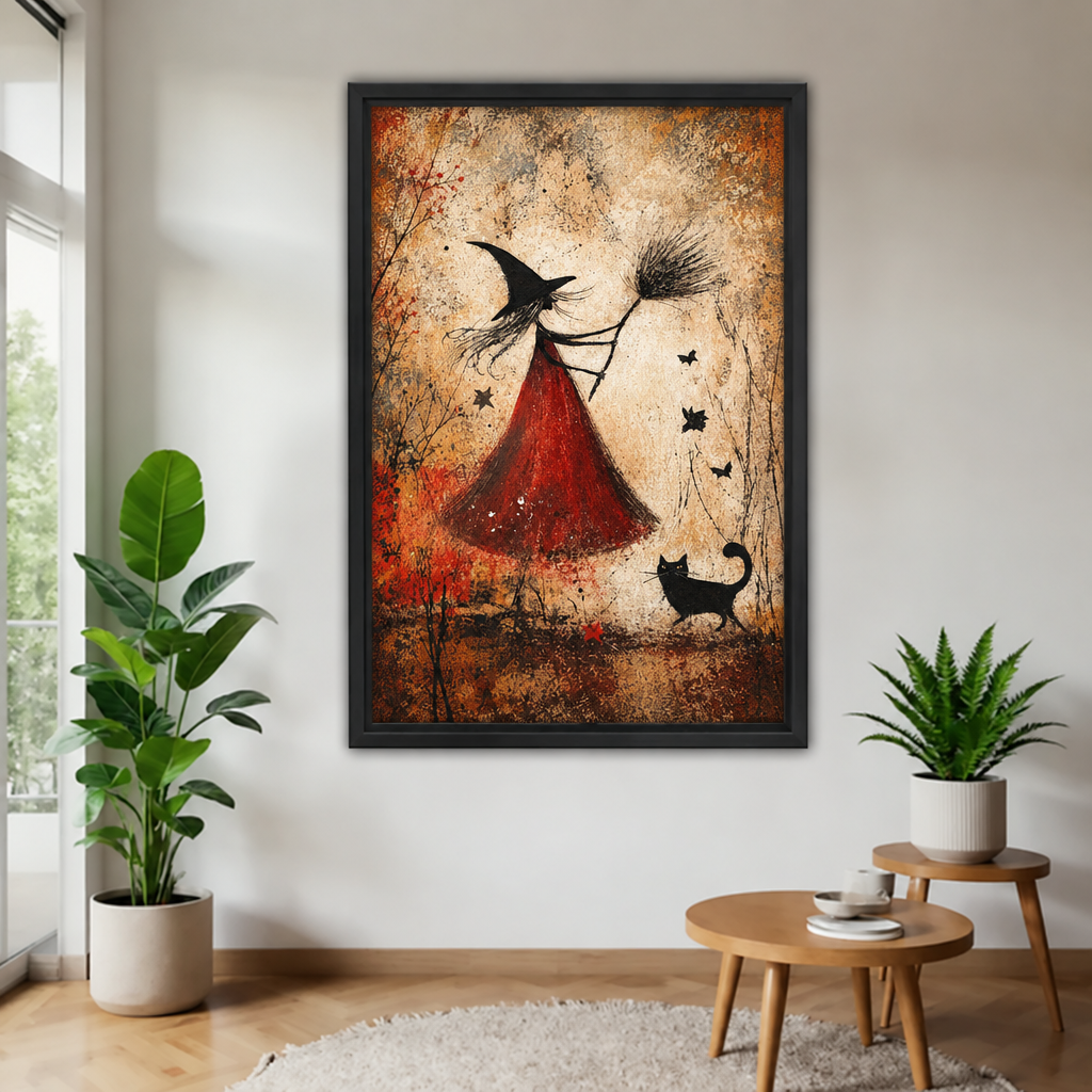 Black-framed witch and black cat canvas wall art with a red dress, broom, and autumn leaves.