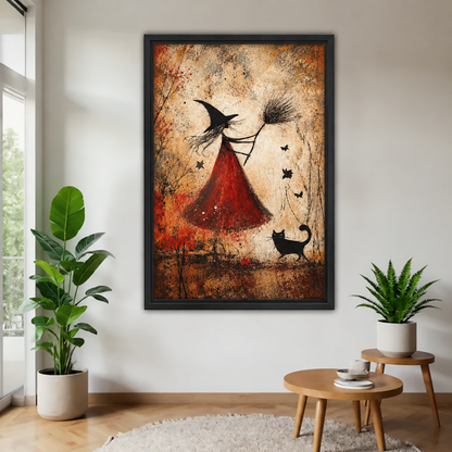 Black-framed witch and black cat canvas wall art with a red dress, broom, and autumn leaves.