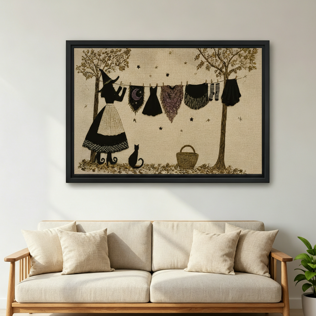 Framed witch and black cat canvas wall art above a cream sofa in a sunny living room