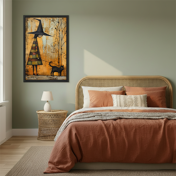 Witch and black cat canvas wall art in a black frame above a cream sofa.