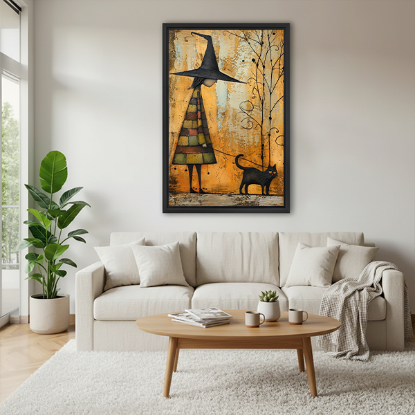Framed witch and black cat canvas wall art hanging beside a bed with woven headboard.