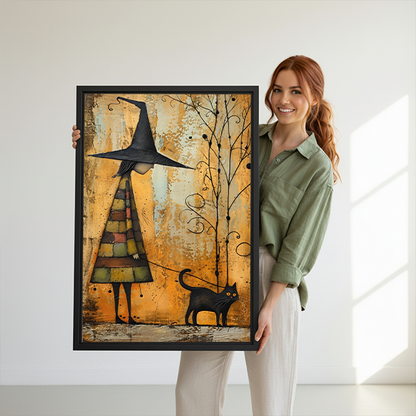 Woman holding framed witch and black cat canvas wall art with curling branches and golden tones.